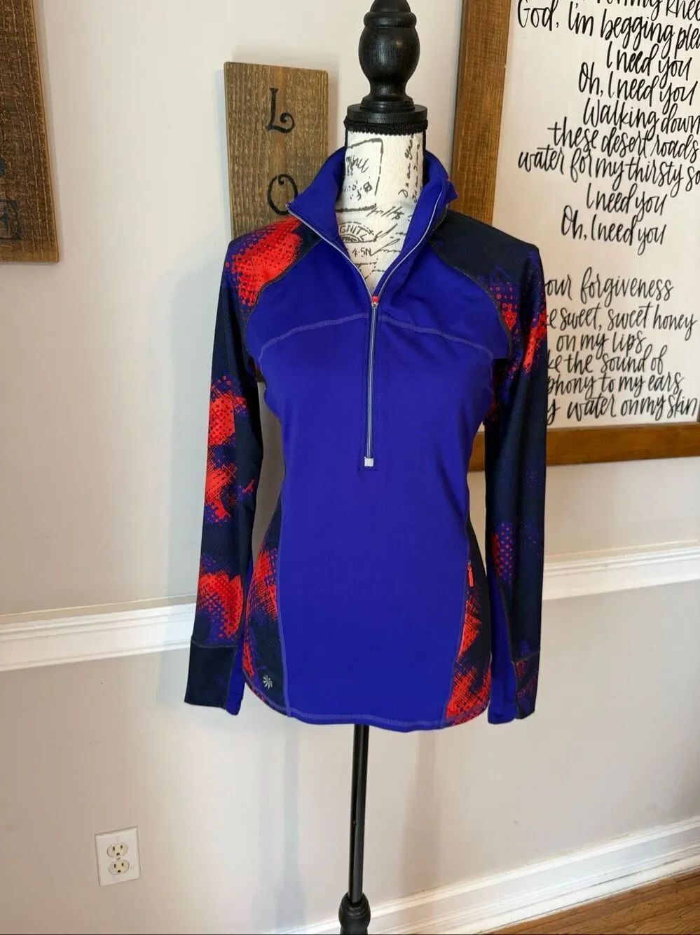 Athleta Women's Running Wild 2.0 Half Zip Pullover Activewear Shirt Blue Red XS